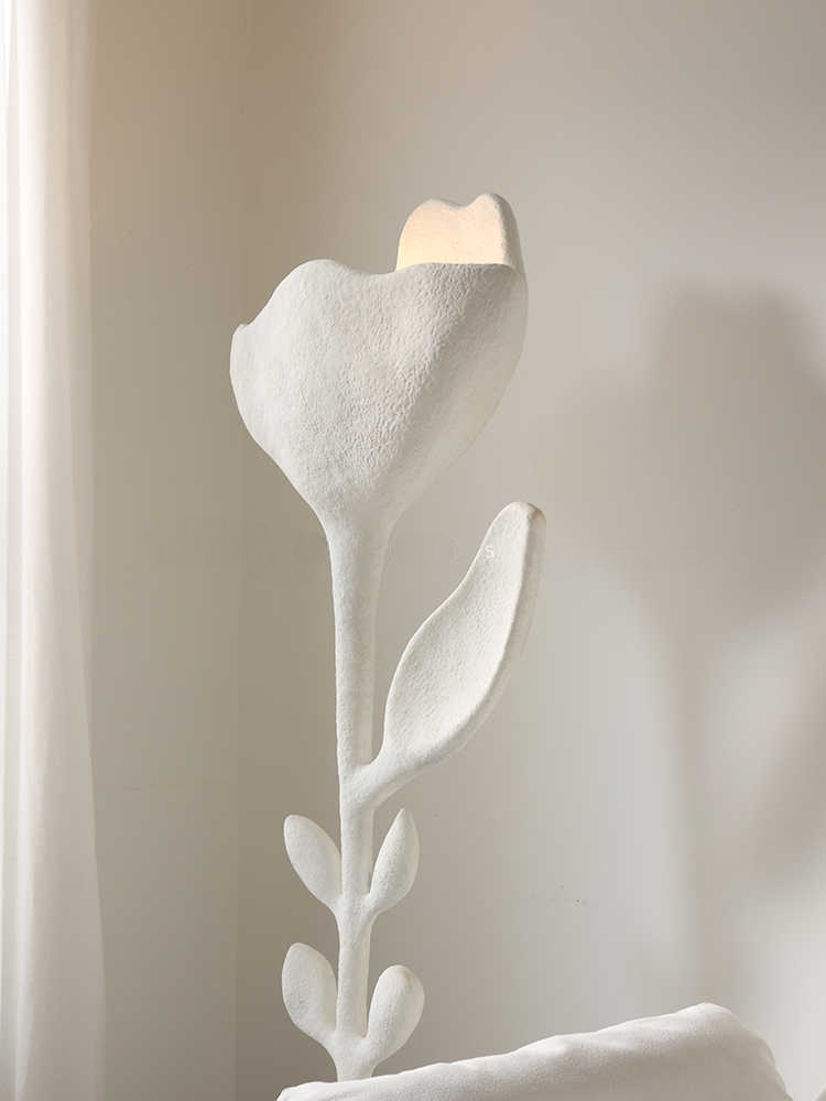 Floral Art Sculpture Floor Lamp, White Distressed Fiberglass Flower Design for Modern Living Room, Studio, or Hotel Decor