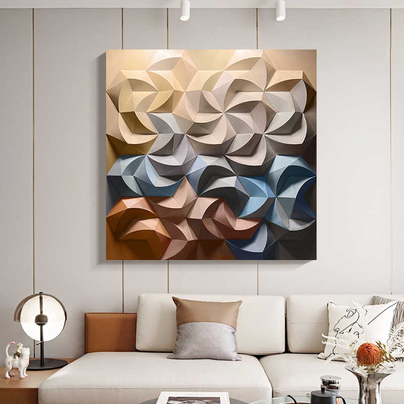 Modern 3D Geometric Floral Abstract Wall Art, Hand-Painted Embossed Oil Painting, Custom Minimalist Decorative Panel