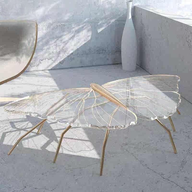 Designer Butterfly Acrylic Coffee Table, Pink Transparent Modern Art-Inspired Center Table, Luxury Living Room Statement Piece