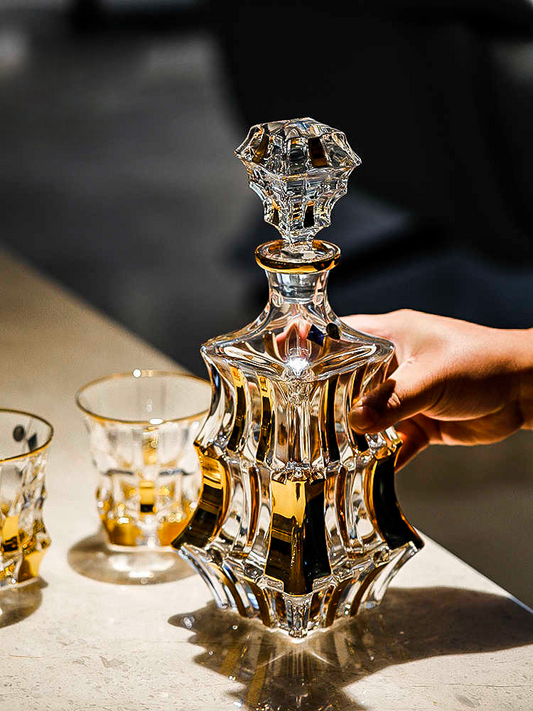 Crystal Gold Whiskey Decanter Set – Czech Lead-Free Glass, Elegant Hand-Gilded Barware Gift Set with 1 Decanter & 2 Tumblers