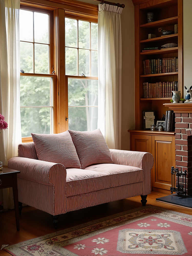 Vintage Small Apartment Striped Sofa – Designer Retro Double Seat Fabric Couch for Living Room