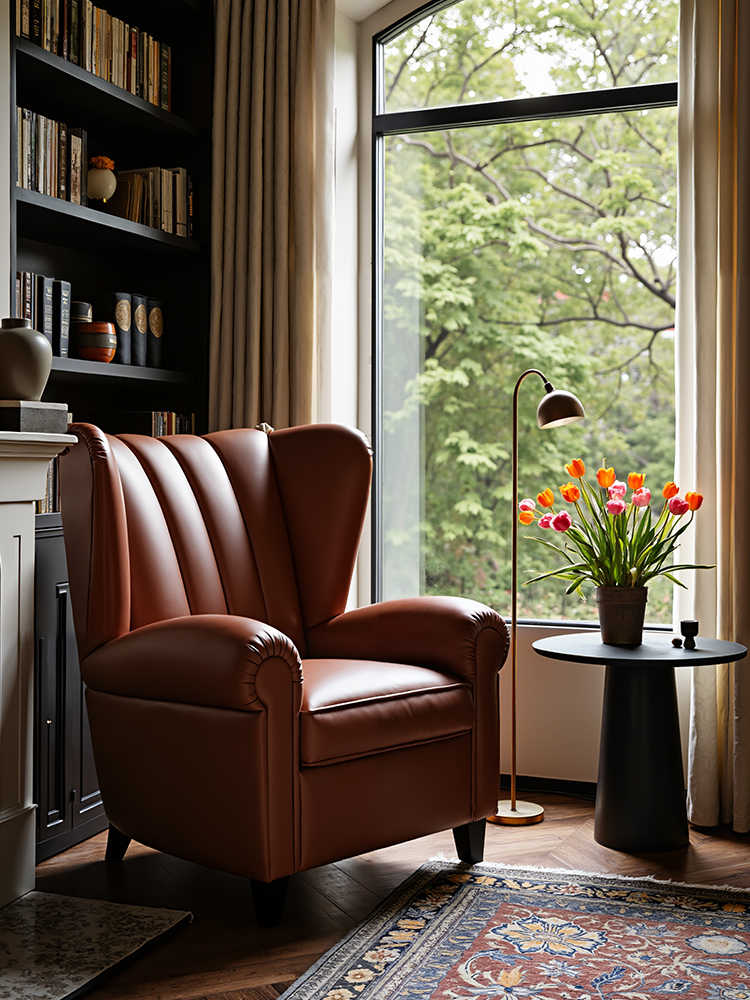 Vintage Leather Tiger Chair – Retro Single Lounge Armchair for Living Room, Balcony, or Reading Nook