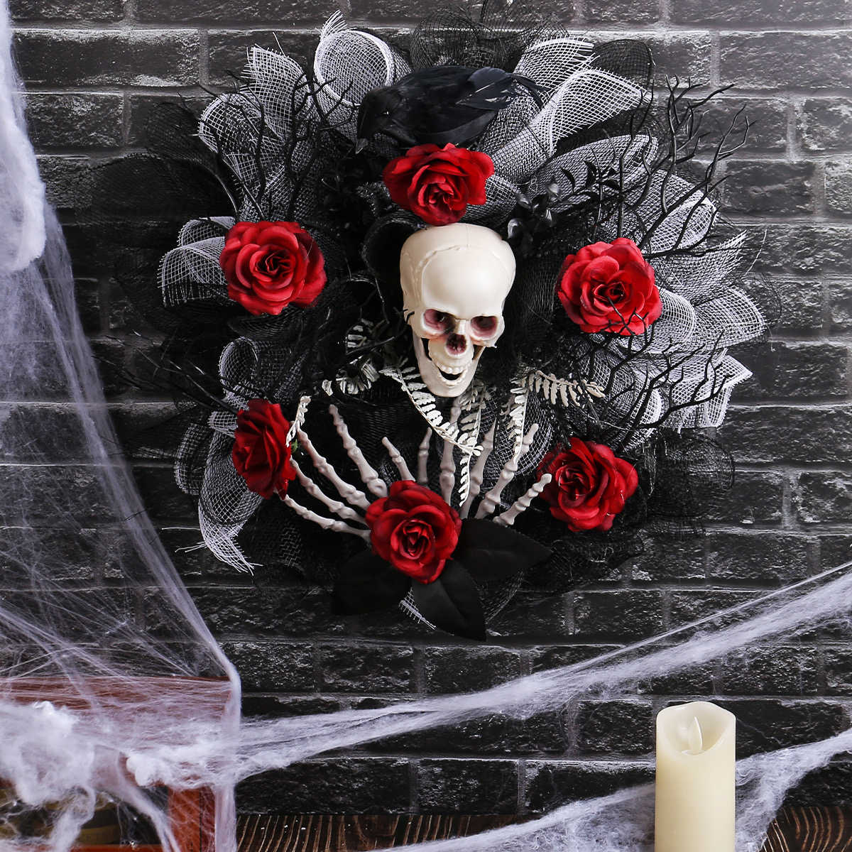 Spooky Halloween Skull Wreath with Red Roses – Creepy Skeleton Door Decoration for Haunted House, Bar, Escape Room, Horror Scene Props
