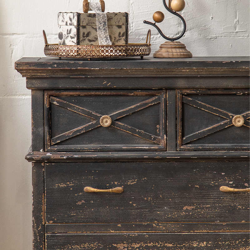 American Country Vintage Black Distressed Chest, Wabi-Sabi Style Entryway Cabinet, Rustic Tall Dresser for Home, Café, B&B, Balcony Display