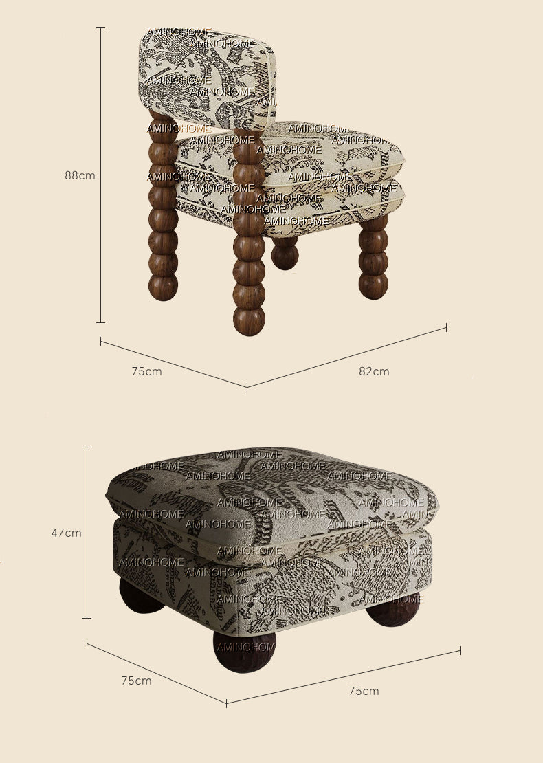 French Vintage Tiger Mountain Pattern Dining Chair with Bobbin Legs, Traditional Upholstered Armchair with Ottoman Set