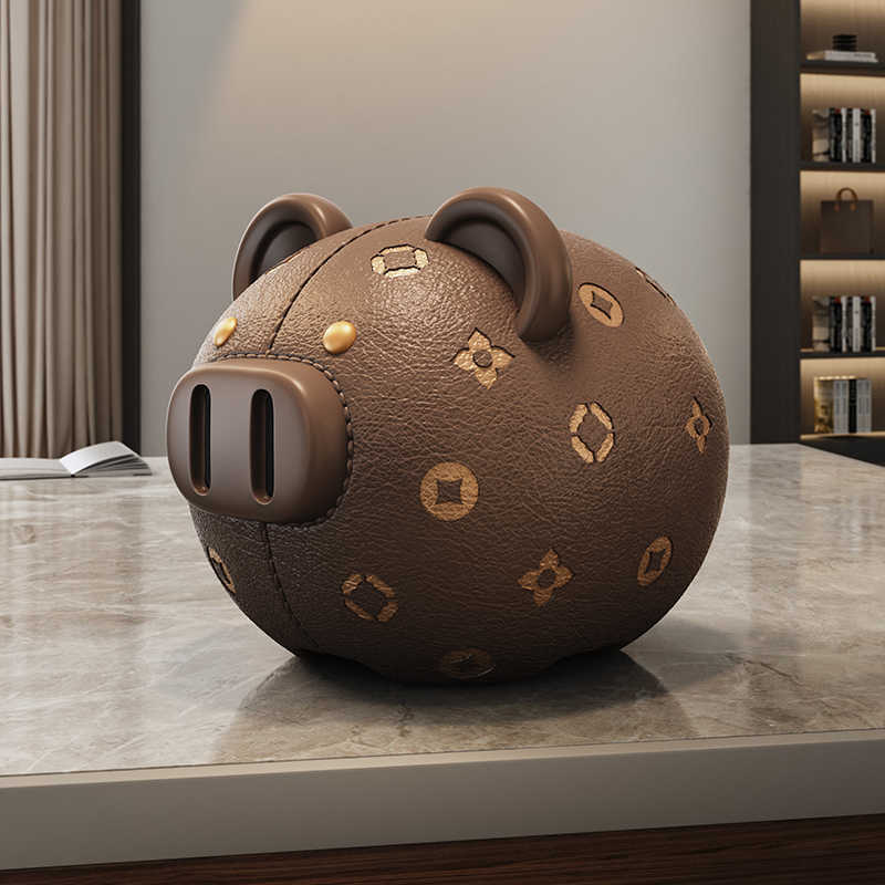 Luxury Designer Piggy Bank with Monogram Pattern, Premium Brown Leather-Look Savings Bank for Kids & Adults, One-Way Coin Slot Money Box