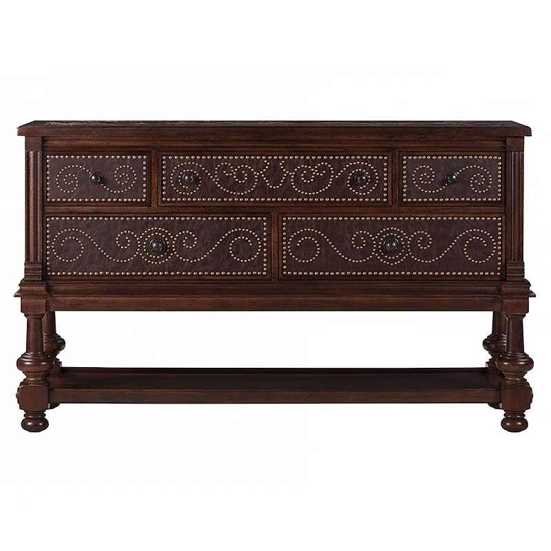 American Art Deco Sideboard with Nailhead Trim & Marble Top, French Vintage Style Whiskey Collection Cabinet with Turned Legs