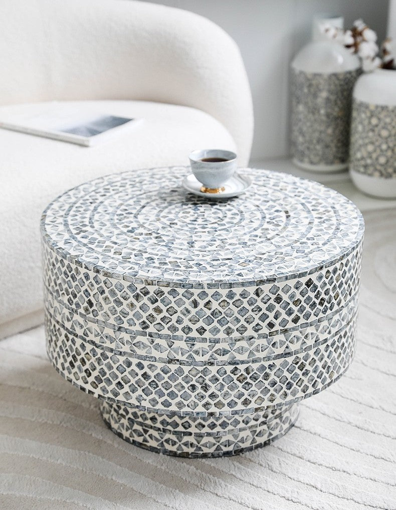 Vintage Mosaic Round Coffee Table, Designer Accent Table for Living Room, Modern Shell Inlay Sofa Side Table