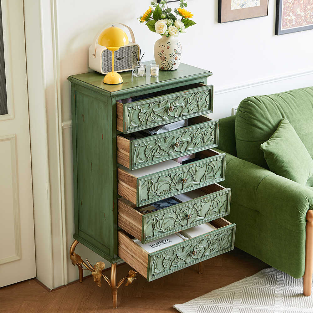 American Vintage Sage Green Chest with Hand-Carved Botanical Relief & Brass Ginkgo Base, 5-Drawer Storage Cabinet