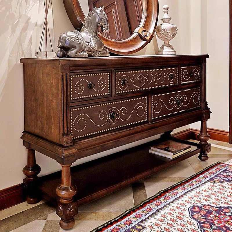 American Art Deco Sideboard with Nailhead Trim & Marble Top, French Vintage Style Whiskey Collection Cabinet with Turned Legs