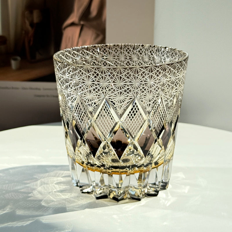Hand-Carved Crystal Whiskey Glass – Luxury Cut Glass, Gray Old Fashioned Tumbler, Artisanal Gift for Whisky and Spirits
