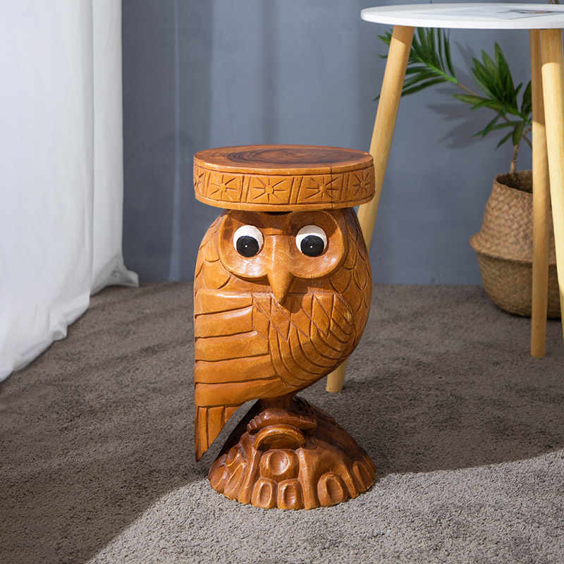 Thai Hand-Carved Wooden Owl Stool, Solid Wood Tree Stump Side Table for Shoe Changing & Plant Stand