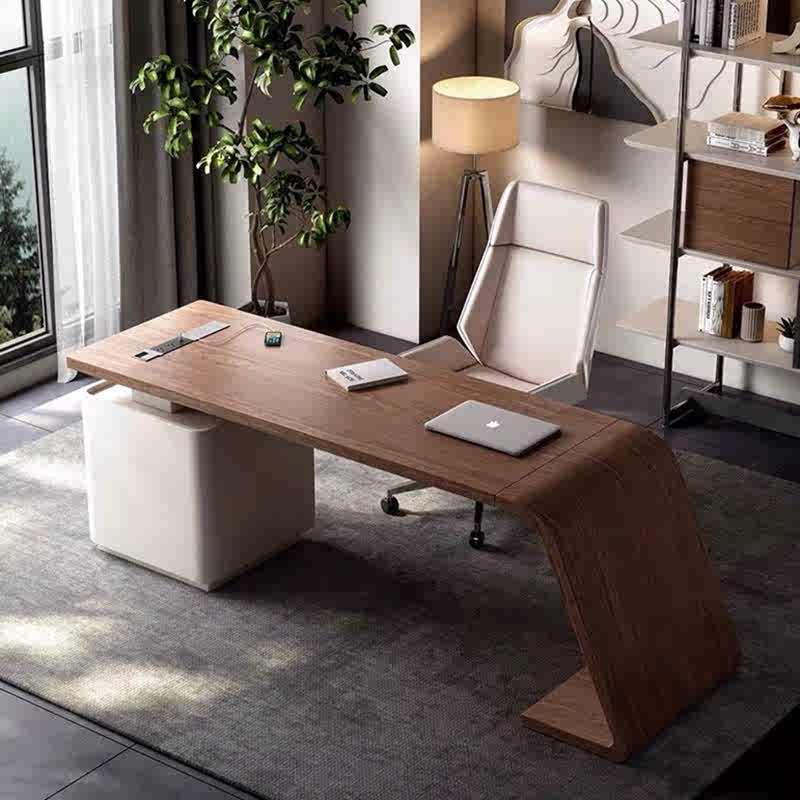 Modern Italian Black Walnut Executive Desk – Luxury Curved Multifunction Office Table