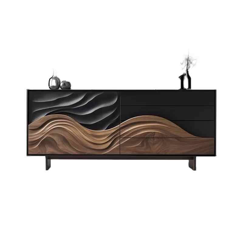Luxury Modern Wave Carved Sideboard Cabinet, High-End Solid Wood 4-Drawer 2-Door Console for Villa, Bedroom, or Entryway