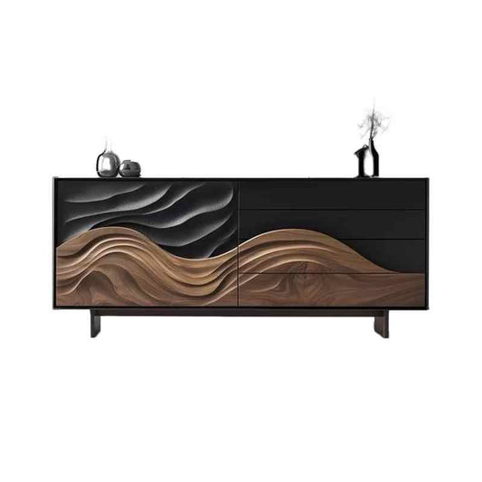 Luxury Modern Wave Carved Sideboard Cabinet, High-End Solid Wood 4-Drawer 2-Door Console for Villa, Bedroom, or Entryway