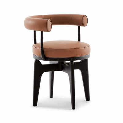 Nordic Swivel Dining Chair with Cognac Leather Upholstery, Mid-Century Modern Accent Chair with Black Wood Base, Luxury Armchair for Showrooms & Lounges,