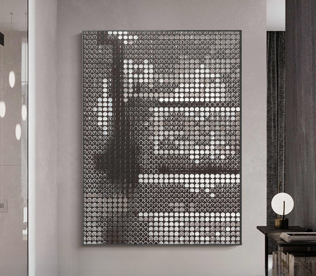 Modern Black and White Textured 3D Embossed Hand-Painted Oil Painting, Luxury Living Room Sofa Wall Art with Brushed Metal Frame