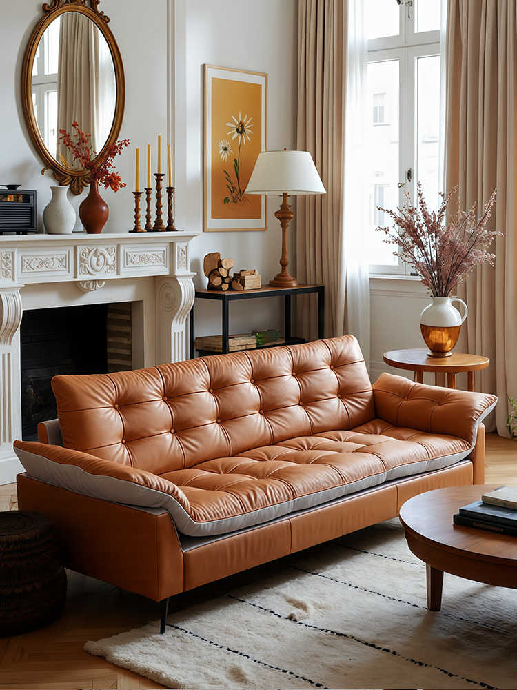 Vintage Leather Sailboat Sofa – Retro Designer 3-Seater for Living Room, Homestay, or Café, Tufted Couch