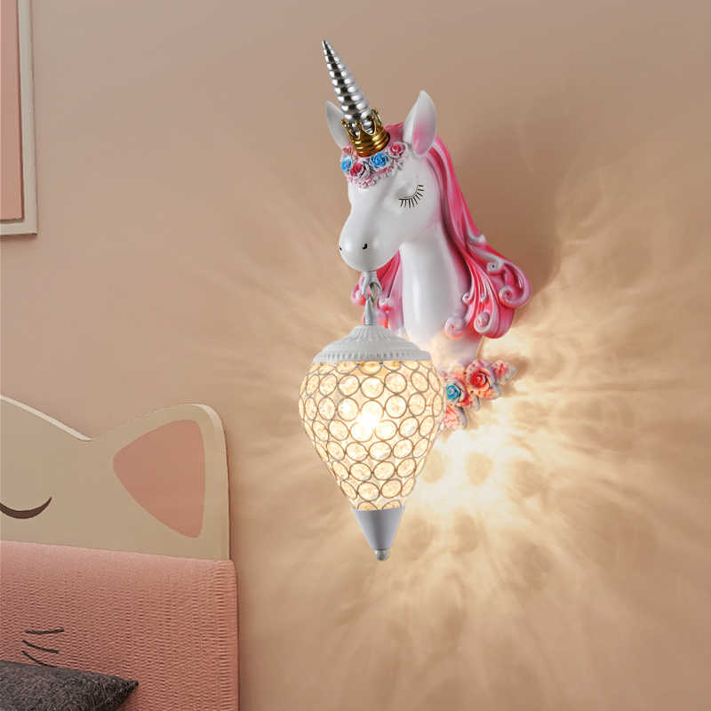 Creative Kids’ Room Unicorn Wall Lamp, Modern Rechargeable Unicorn Wall Sconce, Pink Base, Gold Crystal Shade, Bedside/Entry/Hallway/Decorative Accent Light