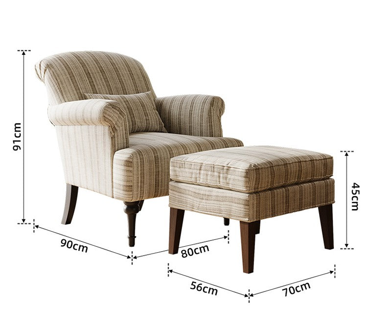 Vintage High-Back Tiger Armchair & Ottoman Set – Retro Striped Single Sofa for Living Room, Balcony, Homestay, or Study