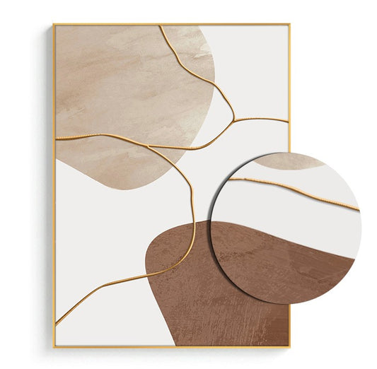 Minimalist Abstract Layered Textured Wall Art – Luxury Hand-Painted Oil Painting for Living Room & Headboard Feature, Gold Aluminum Frame