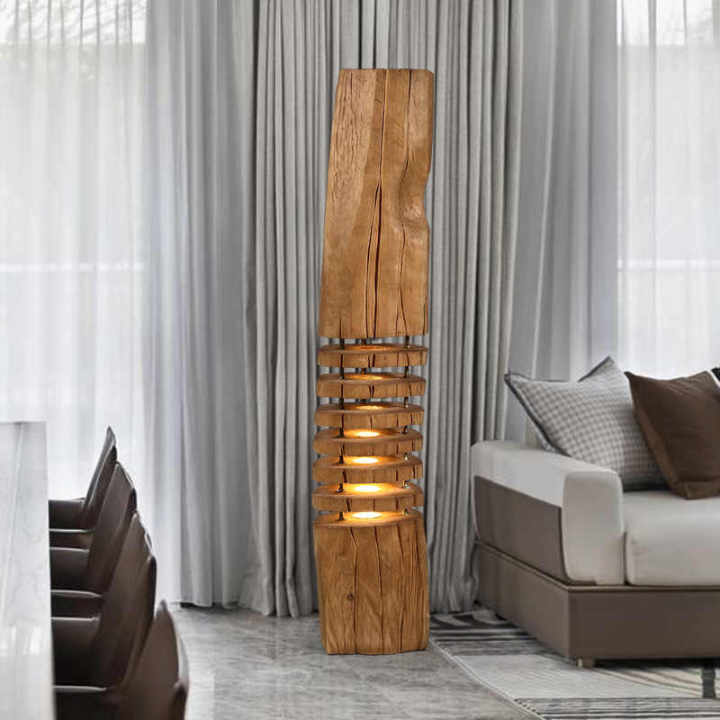 Modern Solid Wood Carved Floor Lamp, Artistic Designer LED Standing Light for Restaurant, Hotel, or Living Room Décor