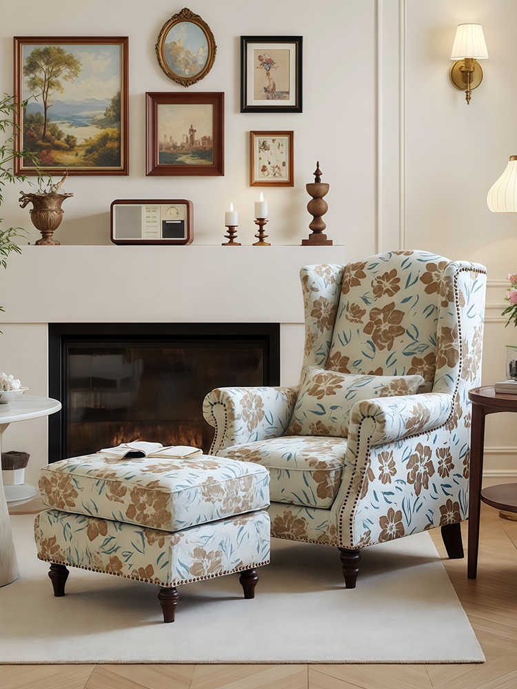 Vintage Floral High-Back Chair Set – Lounge Armchair and Ottoman, Balcony/Bedroom/Reading