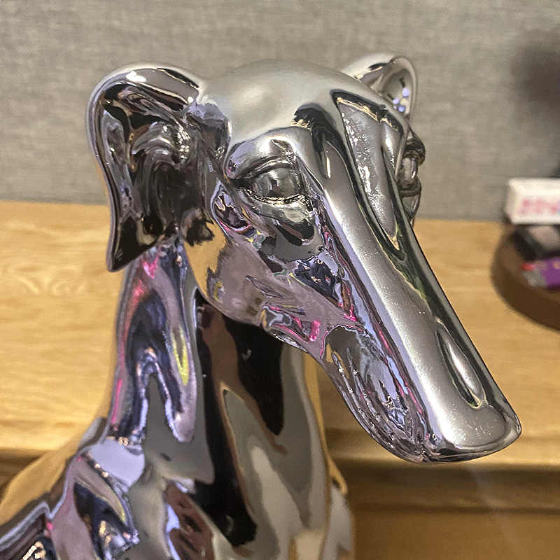 Greyhound Silver-Plated Dog Statue, Modern Villa Living Room Floor Décor, Whippet Sculpture