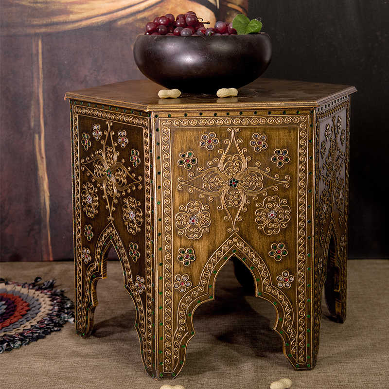 Authentic Thai Octagonal Carved Side Table, Southeast Asian Vintage Wooden Tea Table with Intricate Inlay Work