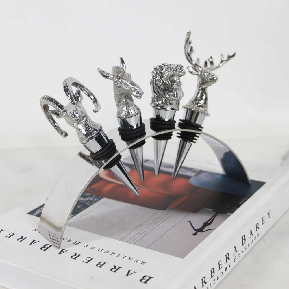 Luxury Animal-Themed Wine Stopper Collection with Display Stand – Chrome Figurine Bar Accessories for Hotel & Home Entertainment