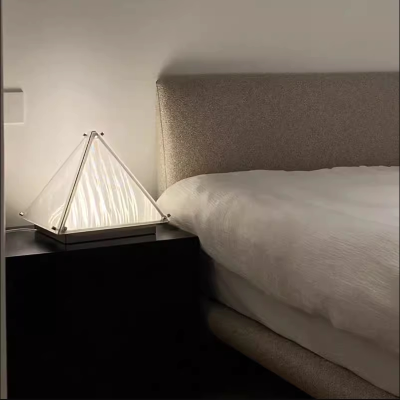 Modern Designer Geometric Table Lamp, Minimalist Stainless Steel & Glass Pyramid Ambient Light, Luxury Accent for Bedroom, Living Room, Office, Hotel, Study