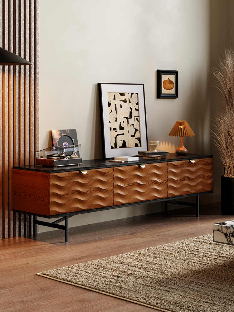 Vintage Solid Wood TV Cabinet – Luxury Wave Pattern Storage Sideboard, Modern Living Room Media Console with Drawers