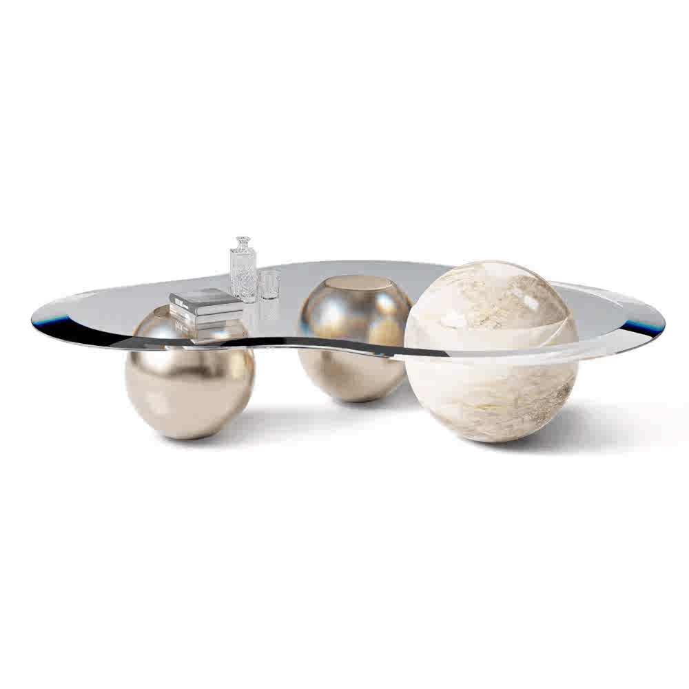 Designer Brass Marble Coffee Table – Modern Glass Top Living Room Center Table, Unique Sphere Base