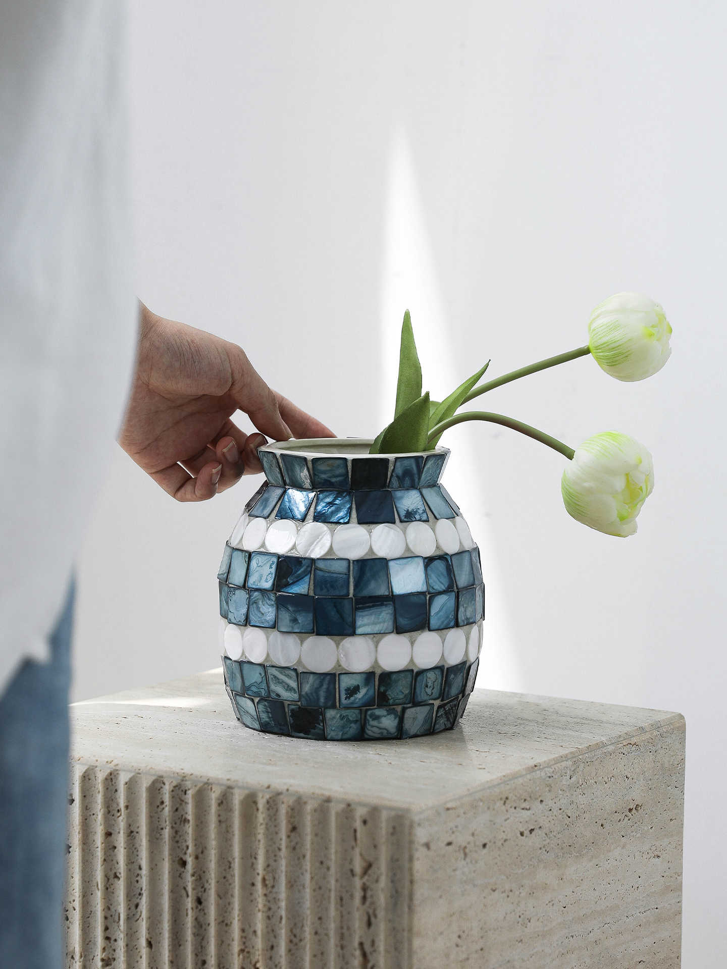 Blue & White Ceramic Vase Set, Mosaic Dot Flower Vases for Water and Tabletop Décor – Tall & Short Pair