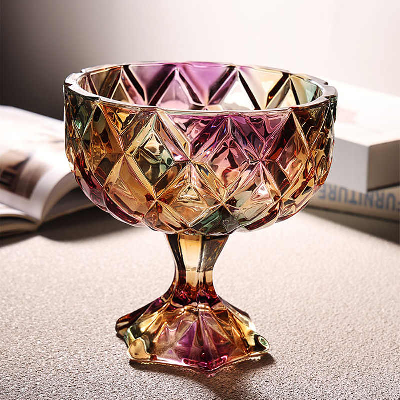 Creative Crystal Glass Pedestal Fruit Bowl, Diamond-Cut Rainbow Stemware Compote Dish, Luxury High-Value Candy Bowl for Home