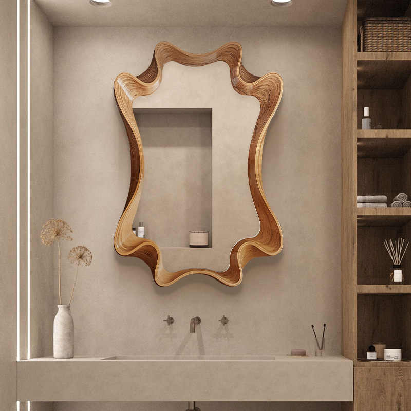 Luxury Irregular Solid Wood Carved Wall Mirror, Artistic Modern Vanity & Bathroom Decorative Hanging Mirror, Designer Statement Panel