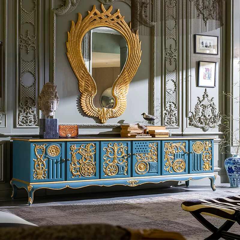 Solid Wood Carved Gold TV Cabinet, Luxury Vintage 6-Door Console Sideboard for Villa Living Room