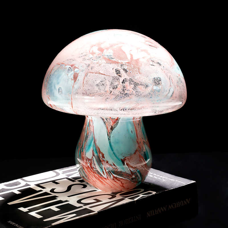 Fantasy Mushroom Glass Sculpture, Blue Pink Marbled Art Glass Decorative Figurine for Home Office Desktop, Unique Gift Collectible Craft Ornament