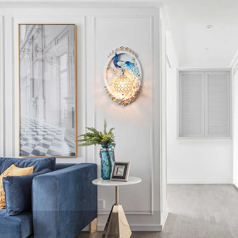 Luxury Peacock Wall Sconce Light – Blue Resin Decorative Wall Lamp for Living Room, Bedroom, Corridor, Staircase, or Foyer – Crystal Shade, Left & Right Set