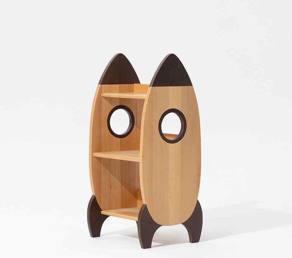 Rocket-Shaped Kids Bookshelf & Storage Cabinet, Premium Natural Wood Children's Furniture with Space Theme, Multi-Purpose Toy Organizer