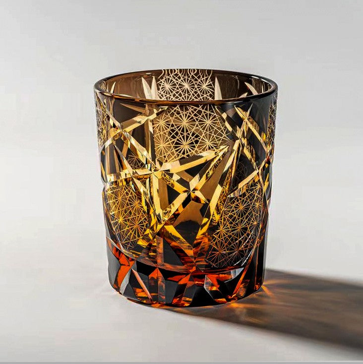 "Twilight of the Gods" Edo Cut Amber Whiskey Glass 260ml – Handcrafted Asian Style Old Fashioned Crystal Tumbler