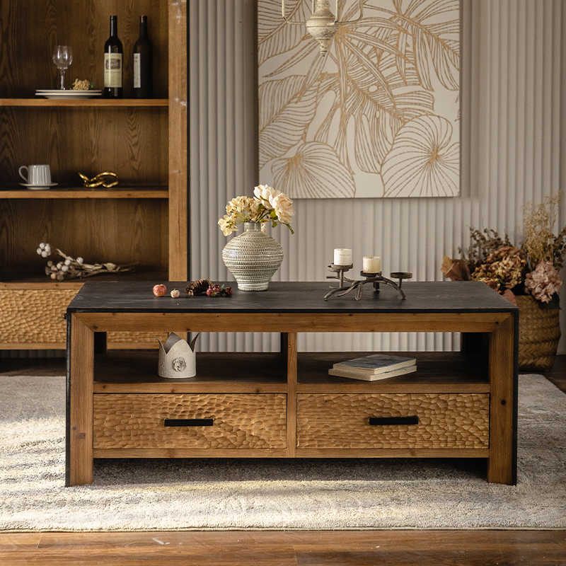 Vintage Distressed Solid Wood Coffee Table, Wabi-Sabi Style TV Console with Textured Drawers, Designer Living Room Storage Table for Small Spaces,