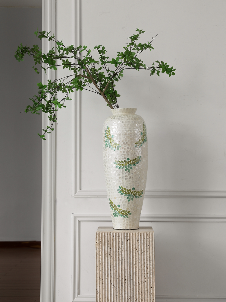 Cream-Style Floor Vase Set, Tall Decorative Mosaic Vases with Green Leaf Inlay for Living Room & Entryway Display