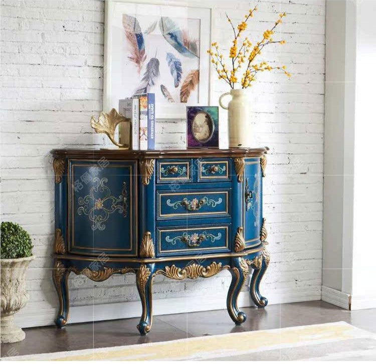 American European Style Sideboard Cabinet, Royal Blue Hand-Painted Floral Storage Console with Cabriole Legs