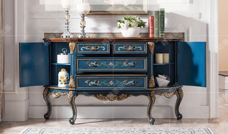 American European Style Sideboard Cabinet, Royal Blue Hand-Painted Floral Storage Console with Cabriole Legs