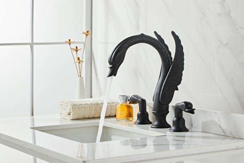 Black Luxury Swan Basin Faucet, Three-Hole Crystal Handle Bathroom Sink Mixer Tap, Designer Gold/Black Swan Lavatory Faucet