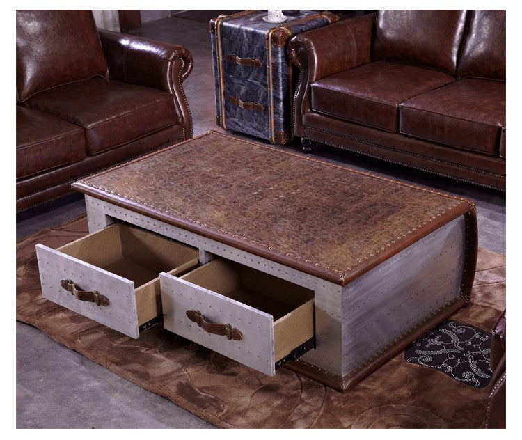 Vintage Industrial Aviation Coffee Table – Metal & Leather Trunk-Style Storage Coffee Table with Rivet Details, Designer Furniture for Modern Living Spaces