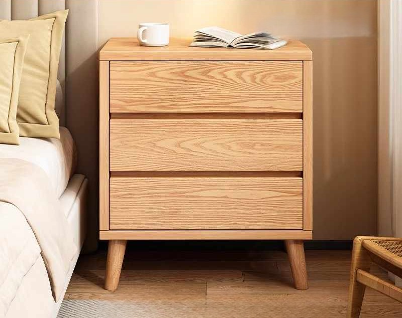 Modern Solid Wood Bedside Table – Minimalist Tall Nightstand, Narrow High Storage Cabinet, 3 Drawers