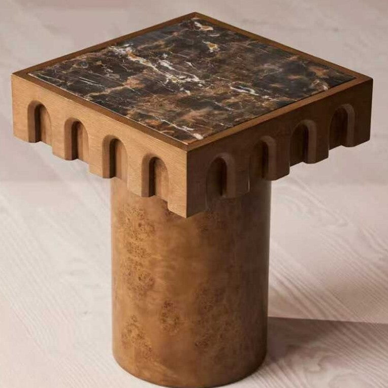 Vintage Solid Wood Burl Marble Side Table, Retro Accent End Table, Designer Small Coffee Table for Hotel, B&B, Living Room