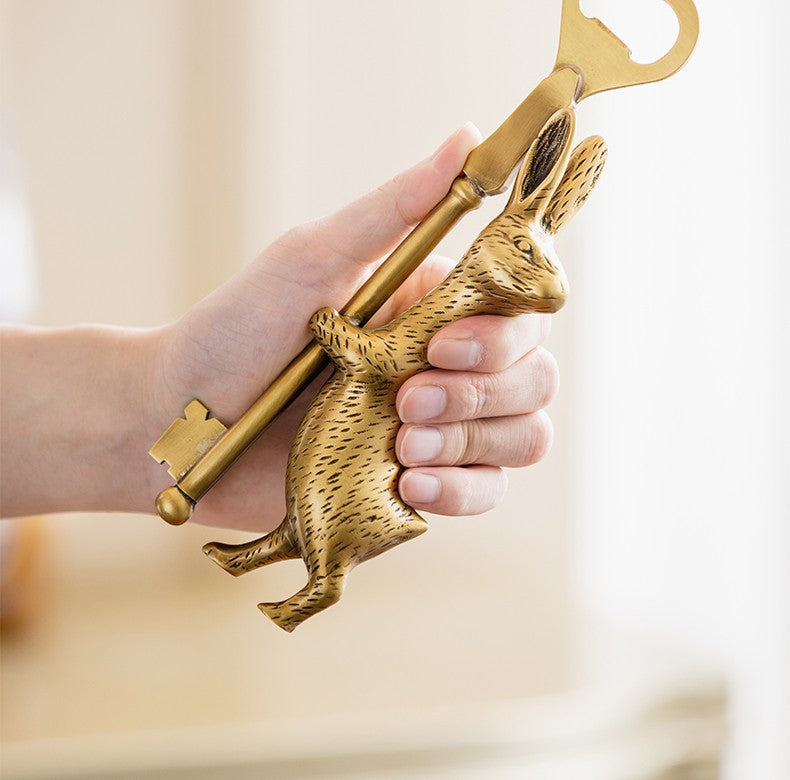 Vintage Brass Rabbit Bottle Opener Set, Unique Luxury Beer Opener Key & Bunny Head Design, Home Bar Tool Gift, 2-Piece